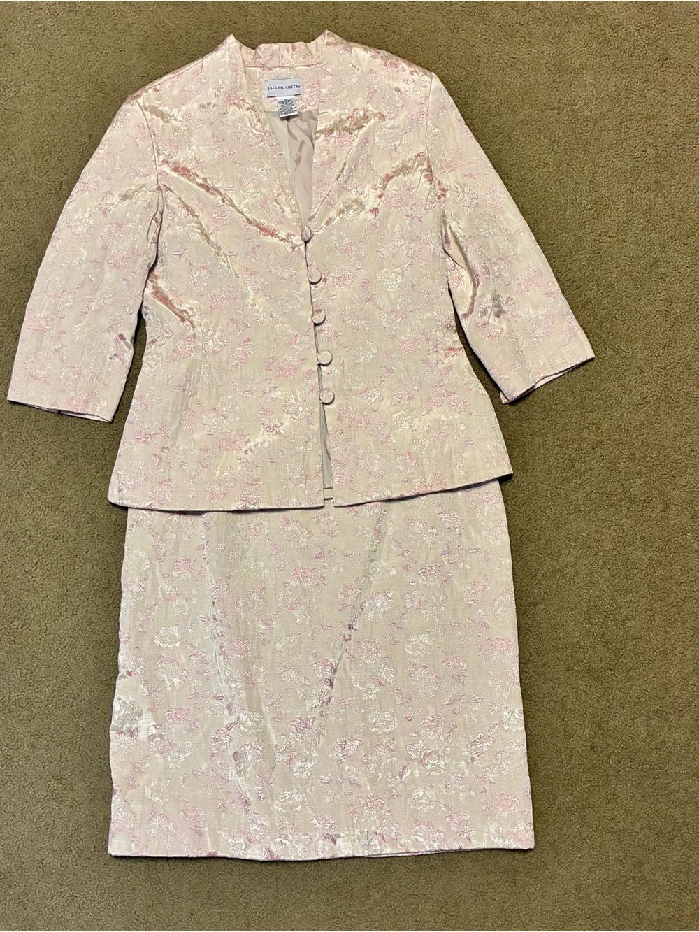 Jaclyn Smith Suit Skirt Set Womens 12/14 Pink Floral 5 Button Business Classy